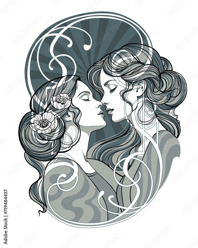 Sensual definitely in love same-sex couple of two girlfriends. Erotic sexual tension in anticipation of a kiss. Vector poster, postcard made in retro Art Nouveau  style. Happy Valentine's Day - obrazy, fototapety, plakaty 