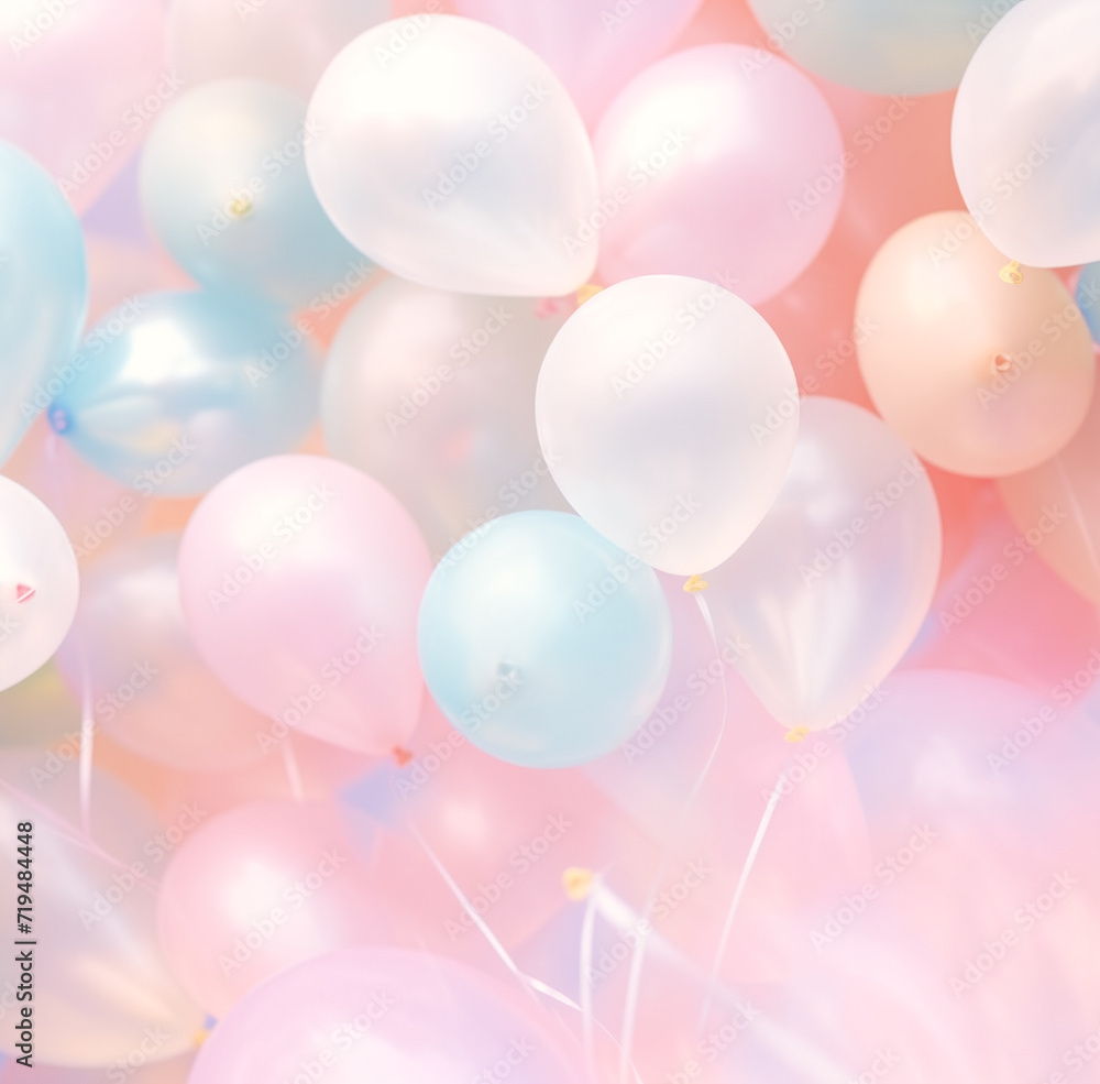 Multicolored pastel balloons over pastel background, celebration, happy birthday and new year Multicolored pastel balloons over pastel background, celebration, happy birthday and new year