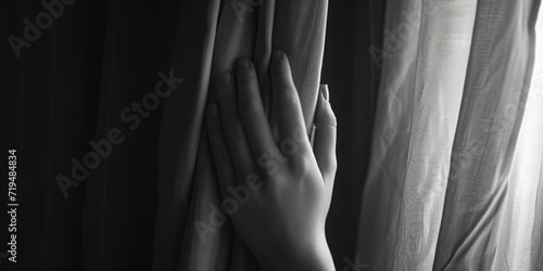 A woman's hand can be seen peeking out from behind a curtain. This image can be used to depict curiosity, mystery, or anticipation