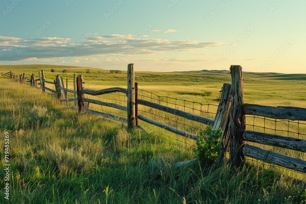 A picture of a wooden fence in a peaceful grassy field. This image can be used to represent nature, tranquility, and rural landscapes