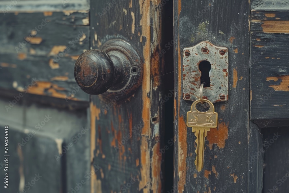 A close-up view of a door with a key on it. This image can be used to depict security, access, or the concept of unlocking something A close-up view of a door with a key on it. This image can be used to depict security, access, or the concept of unlocking something