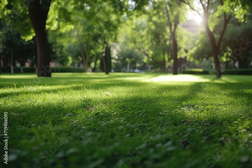A picture of a park with lush green grass and tall trees. Suitable for various outdoor and nature-related projects