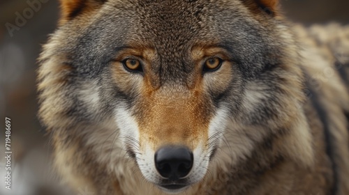 A close up view of a wolf s face with a blurry background. Perfect for wildlife enthusiasts and animal lovers