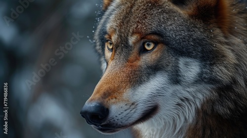 A detailed close-up shot of a wolf s face surrounded by snow. Perfect for nature or wildlife-themed projects