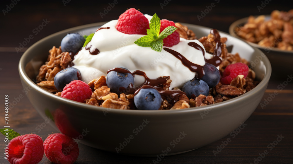Delicious bowl of granola topped with creamy yogurt and fresh, juicy berries. Perfect for healthy breakfast or snack Delicious bowl of granola topped with creamy yogurt and fresh, juicy berries. Perfect for healthy breakfast or snack