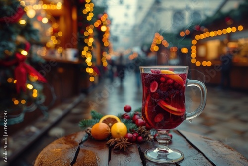 A glass of mulled wine sitting on top of a wooden table. Perfect for cozy winter scenes or holiday gatherings