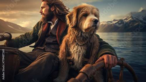 man, accompanied by his dog, sailing with a boat