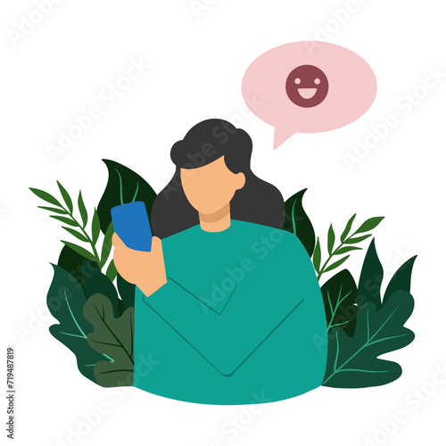 Girl illustration have a notice in smartphone with floral background