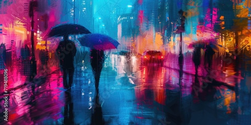 A painting depicting people walking in the rain with umbrellas. Suitable for various uses
