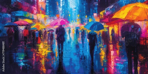 A painting depicting people walking in the rain while holding umbrellas. Suitable for various uses