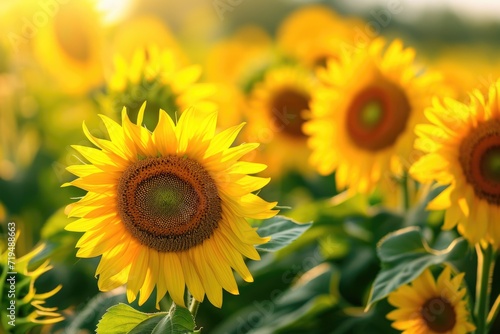 A beautiful field of yellow sunflowers with vibrant green leaves. Perfect for adding a touch of nature and warmth to any project