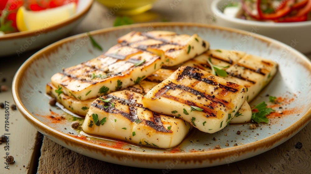 Grilled halloumi for cheese lovers. Halloumi with golden crust and attractive marks in a culinary mastery. Cheese with a caramelized exterior and soft interior. Grilled halloumi for cheese lovers. Halloumi with golden crust and attractive marks in a culinary mastery. Cheese with a caramelized exterior and soft interior.