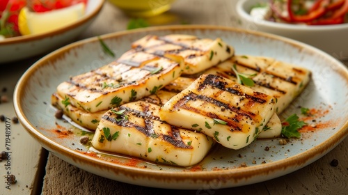 Grilled halloumi for cheese lovers. Halloumi with golden crust and attractive marks in a culinary mastery. Cheese with a caramelized exterior and soft interior.