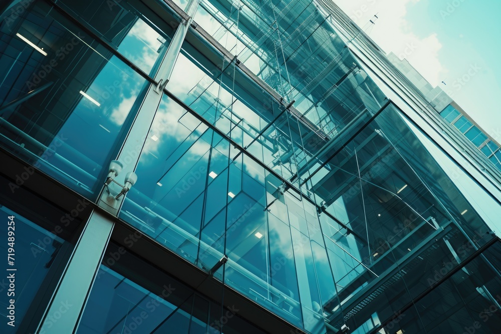 Obraz premium A glass building with a prominent clock displayed on the exterior. Suitable for business, time management, and urban architecture concepts