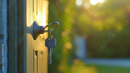 A detailed close-up of a key on a door. This versatile image can be used to represent security, access, home ownership, or the concept of unlocking opportunities photo