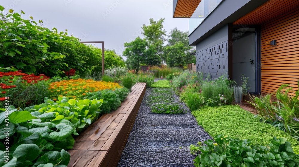 Modern eco-style cottage with vertical garden. Panoramic windows, spacious terrace, landscape design. Contemporary architecture concept for private residential houses.