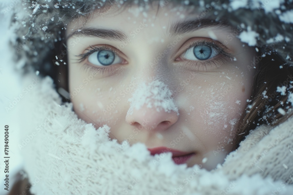 Close-up shot of a person with snow covering their face. Perfect for winter-themed designs and advertisements Close-up shot of a person with snow covering their face. Perfect for winter-themed designs and advertisements