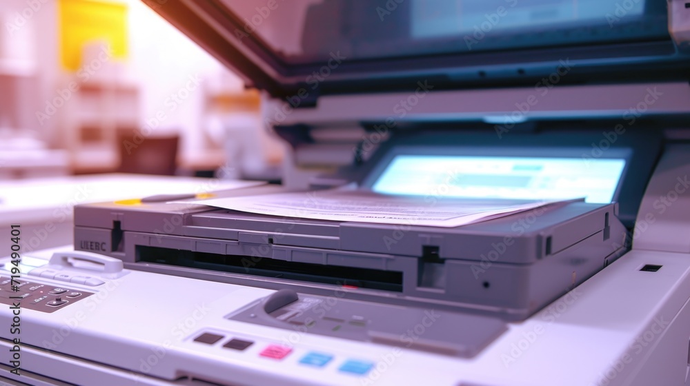 A detailed close-up of a printer on a desk. This image can be used for various purposes A detailed close-up of a printer on a desk. This image can be used for various purposes