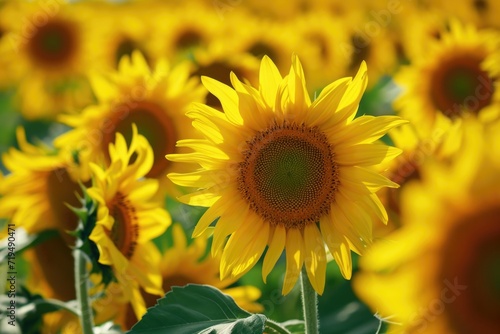 A vibrant field of yellow sunflowers with lush green leaves. Perfect for adding a touch of nature and beauty to any project