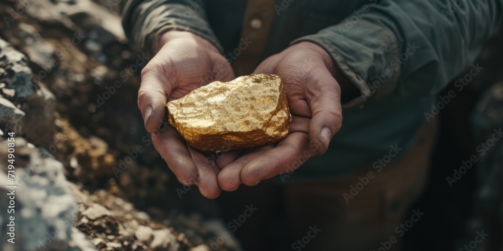 A person is seen holding a piece of gold in their hands. This image can be used to represent wealth, success, investments, or the concept of holding something valuable A person is seen holding a piece of gold in their hands. This image can be used to represent wealth, success, investments, or the concept of holding something valuable