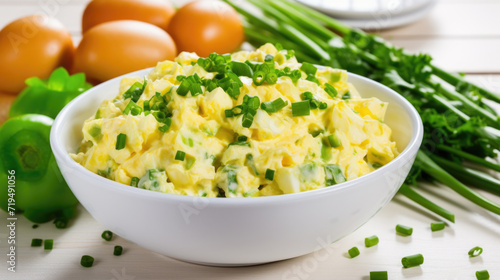 Delicious bowl of egg salad with fresh chives, served with side of boiled eggs. Perfect for healthy and satisfying meal.