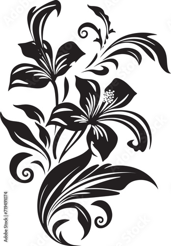 Fototapeta Naklejka Na Ścianę i Meble -  Inkbrush Tropic Melody Black Floral Vector SerenityMidnight Hibiscus Fantasia Vectorized Floral Rhythms