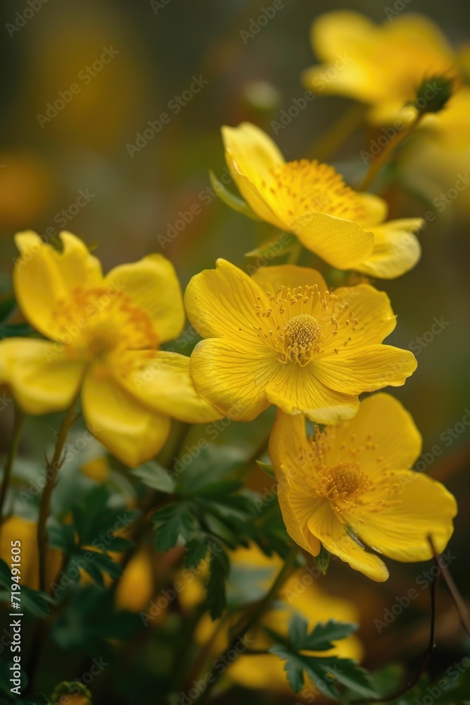 A bunch of yellow flowers with green leaves. Perfect for adding a pop of color to any project A bunch of yellow flowers with green leaves. Perfect for adding a pop of color to any project