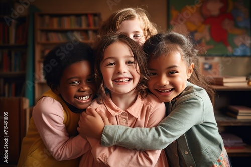 Multiethnic kids embracing happy teacher in school, overjoyed multiethnic kids embracing happy teacher in Montessori school, AI generated