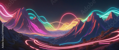 Neon Dreamscape: Vibrant Mountains and Dynamic Lines in 3D Perspective