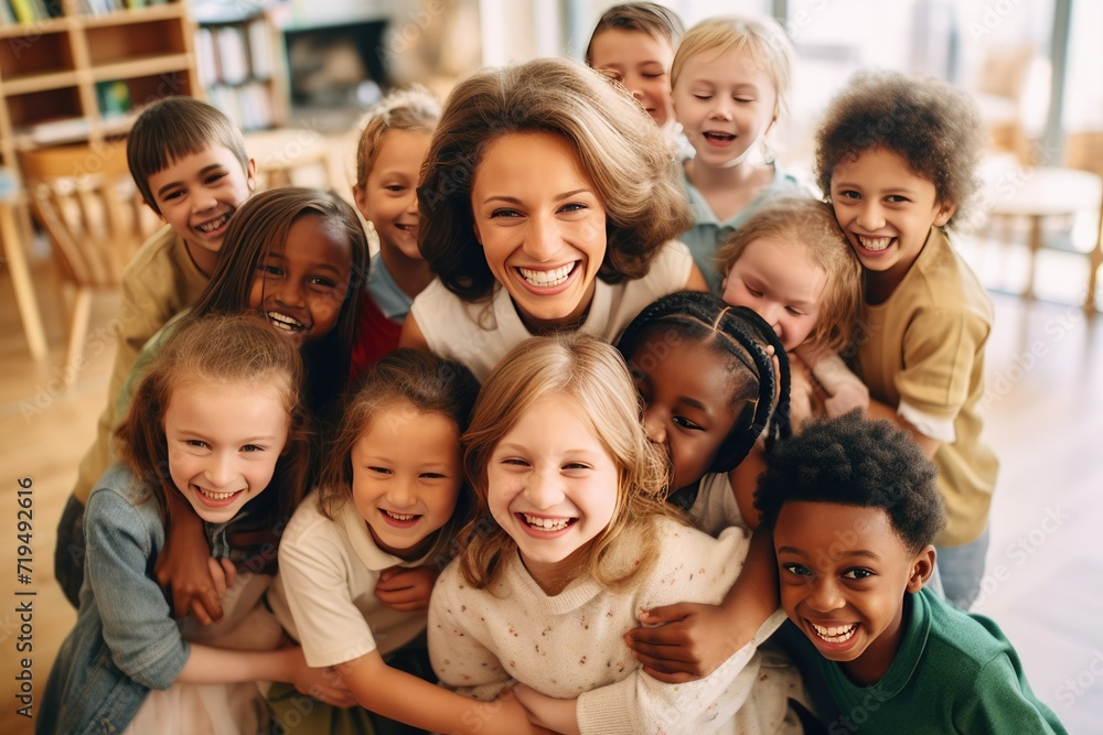 Multiethnic kids embracing happy teacher in school, overjoyed multiethnic kids embracing happy teacher in Montessori school, AI generated Multiethnic kids embracing happy teacher in school, overjoyed multiethnic kids embracing happy teacher in Montessori school, AI generated