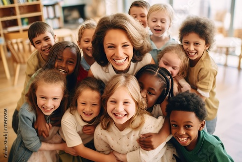 Multiethnic kids embracing happy teacher in school, overjoyed multiethnic kids embracing happy teacher in Montessori school, AI generated