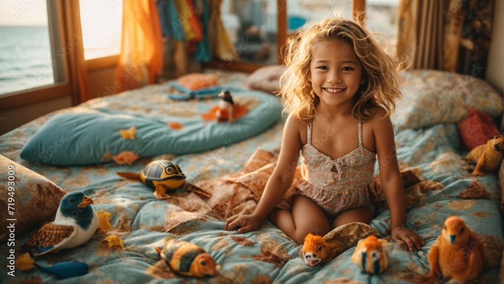 Fototapeta premium Smiling girl in a mermaid themed bed room