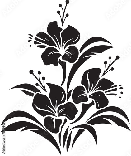 Fototapeta Naklejka Na Ścianę i Meble -  Moonlit Frond Oasis Black Floral Vector SerenityGraphite Tropic Melody Vectorized Floral Flora