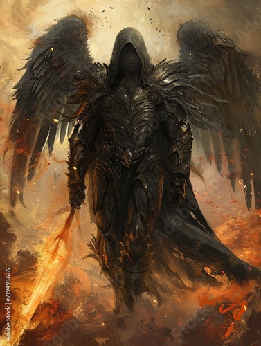Epic moody painting of a fierce standing male demonic angel of death, holding a large scythe , standing on fiery rock black leather clothing, two large black wings, ornate patina armor.