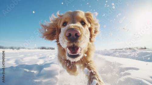 Dog running through snow with its mouth open. Suitable for winter-themed projects and pet-related content © vefimov