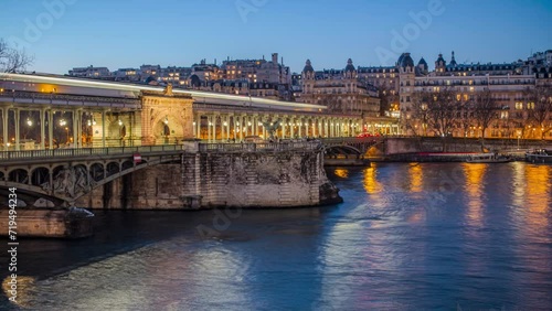 France, Paris, Famous Bir Hakeim Bridge in Seine River. Day timelapse photo
