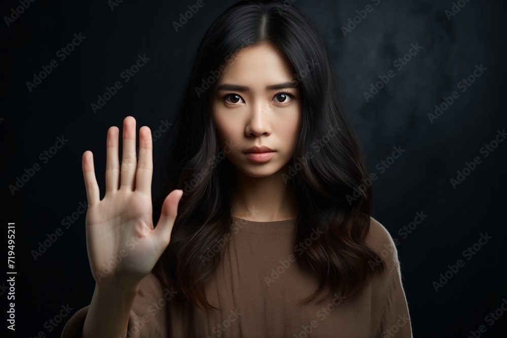 Close up focus woman show palm hand opposes racial or gender discrimination, make stop gesture, sign of protest, female against domestic violence, abortion, bullying at school, say no concept Close up focus woman show palm hand opposes racial or gender discrimination, make stop gesture, sign of protest, female against domestic violence, abortion, bullying at school, say no concept