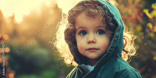 Little girl with hood, captivating blue eyes shining, framed by the golden glow of a setting sun photo