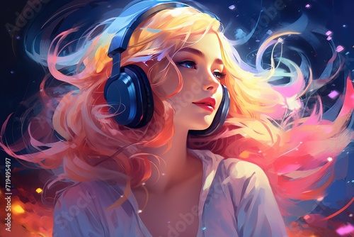 Beautiful young woman listening to music with headphones  Portrait of a beautiful young laughing woman with headphones listening to music. Happy fashionable girl AI generated