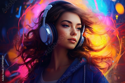 Beautiful young woman listening to music with headphones, Portrait of a beautiful young laughing woman with headphones listening to music. Happy fashionable girl AI generated