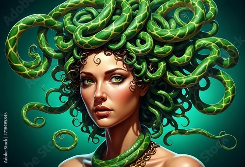 Medusa. Greece’s most wanted gorgeous female, mysterious green greek mythology female creature in the times of Athena Heracles & Zeus. photo
