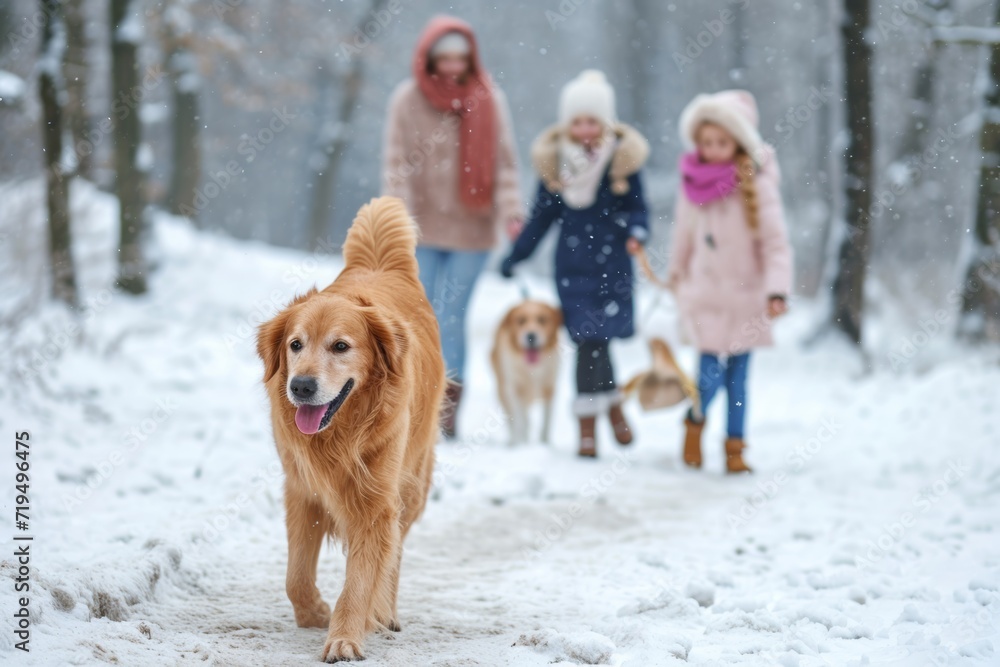 Family Together With Their Golden Retriever Enjoying Lively Winter Walk Festive Outdoor Moments