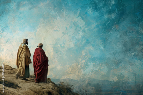Serene Religious Background With Faithful Figures From The Biblical Era And Space For Text