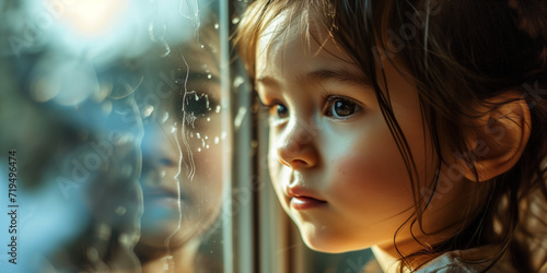 Introspective young girl looking through a rain-streaked window, her reflection merging with the world outside photo