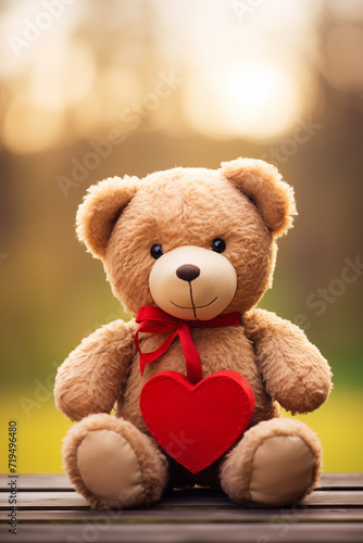 Teddy bear holding a heart-shaped pillow. Romantic and cute gift. Concept: Valentine's Day gift, Birthday, Wedding, Anniversary © SARATSTOCK