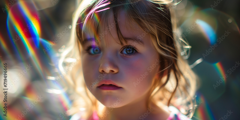 Child's face mesmerized by spectral light, her eyes a mirror to the vivid rainbow colors around her Child's face mesmerized by spectral light, her eyes a mirror to the vivid rainbow colors around her