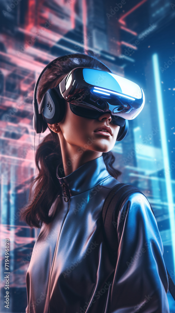 Futuristic woman wearing virtual reality glasses against a digital graphics background. Generative AI