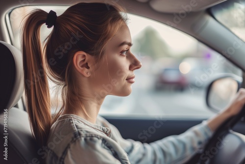 Focused Woman With Ponytail Behind The Wheel, Navigating The Road © Anastasiia