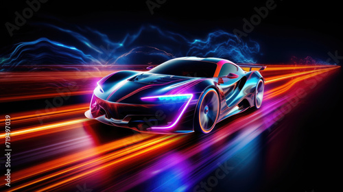 Car with neon lights driving down road. Ideal for automotive or nightlife themed designs