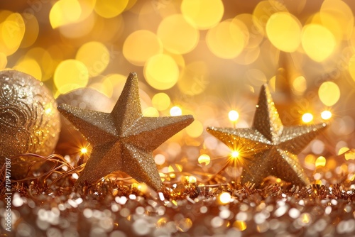 Radiant Gold Stars Illuminate A Joyful Festive Scene On A Christmas Card